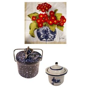 Vintage Stoneware Crock w/ Latch/Ivory Jam Jar/Jim Thompson Scarf